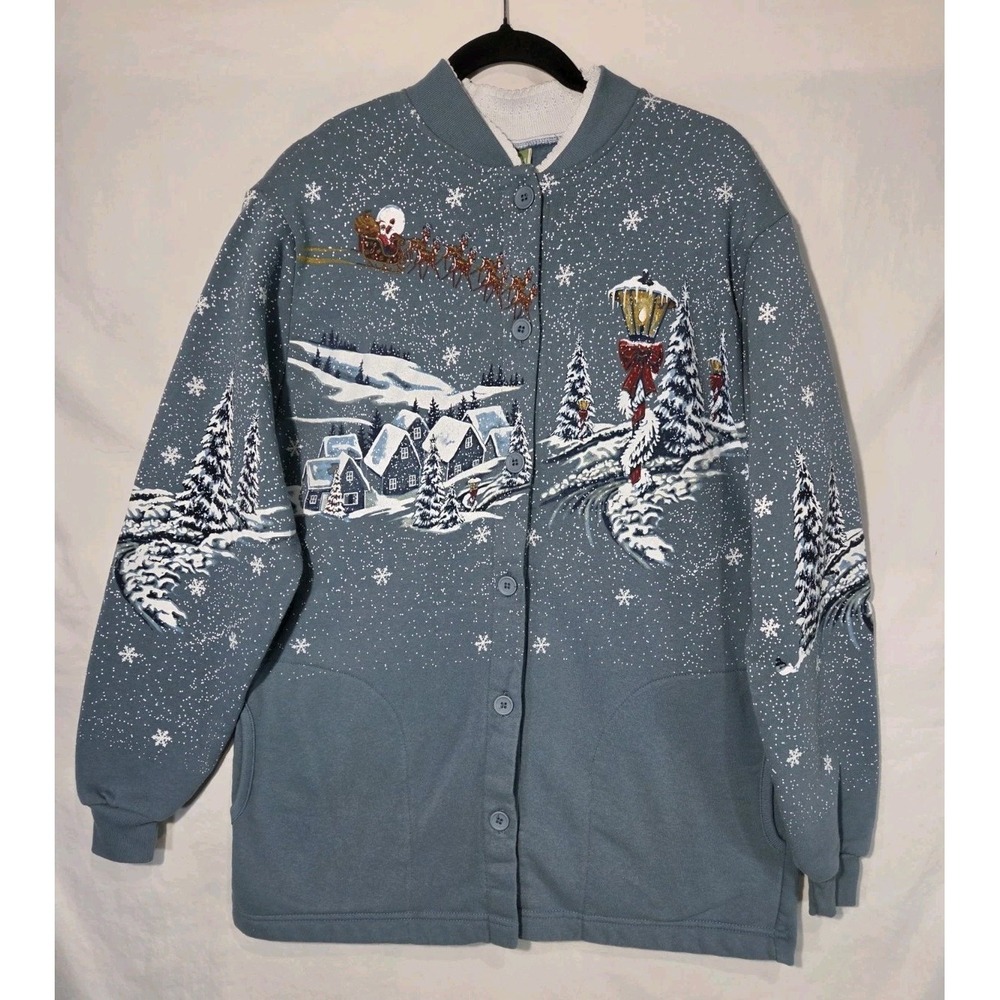 Art Unlimited Cardigan Jacket Large Button Santas Sleigh Christmas Santa Vintage